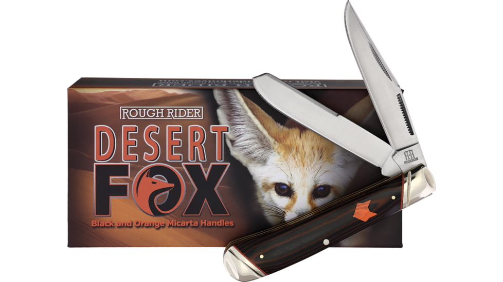 Rough Rider Desert Fox Trapper Knife, 4.13in Closed, Satin Stainless Clip/Spey Blades, Black/Orange Micarta Handle, RR2300 KB201R