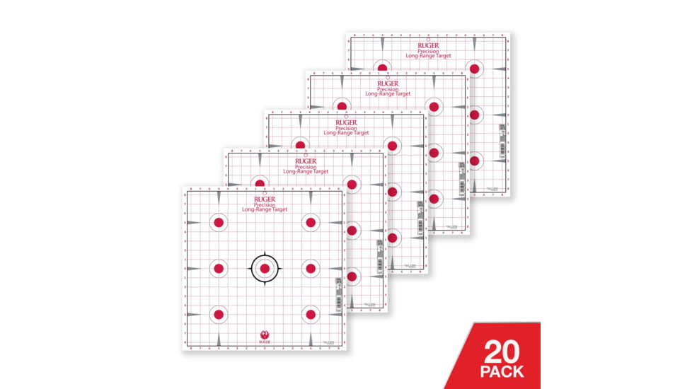 Ruger Paper Shooting Targets, 7-Spot Precision Sight-In Grid, 17in Square, 20-Targets Per Pack, 27992