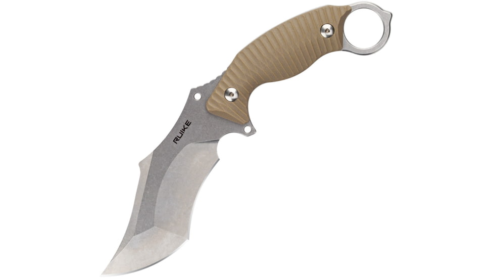 RUIKE F181 Fixed Blade Sand Knife, 4.5 stonewash finish 14C28N Sandvik stainless bla, Tan sculpted G10 handle, F181-W