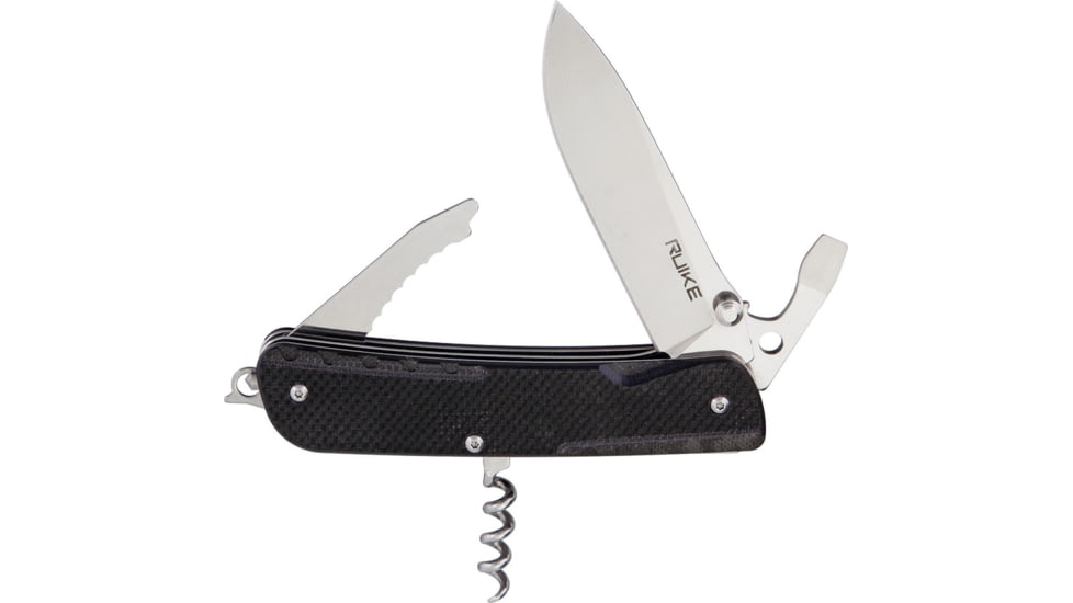 RUIKE LD21 Multifunctional Knife Multi-Tools, Folding Knife, 4.5in Closed, 3.5in Mirror 12C27 Sandvik SS Blade, Black Textured G10 Handle, Thumb Stud, Black, LD21-B