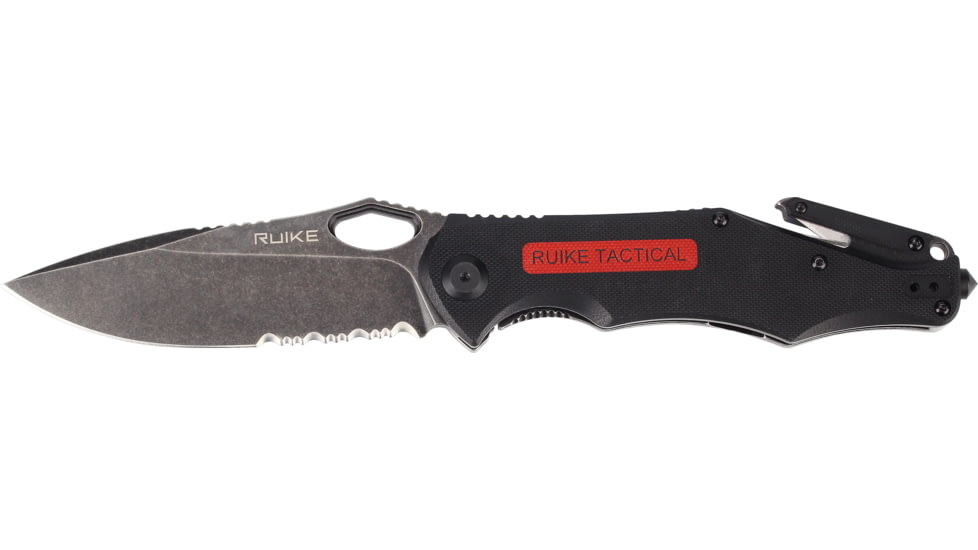 RUIKE M195 Framelock Beta Plus Folding Knife, 3.25 black stonewash finish partially serrated D2, Black G10 handle, M195