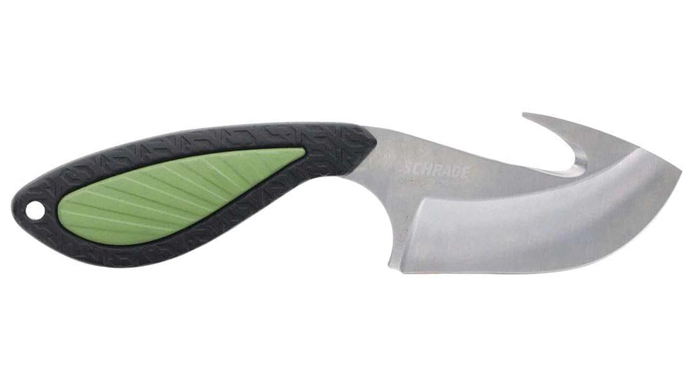Schrade Isolate Ultimate Gut Hook Fixed Blade Knife, 3in, AUS-10 Steel, Drop Point/Gut Hook Blade, Black/Green Rubber Overmolded Handle, 1159330