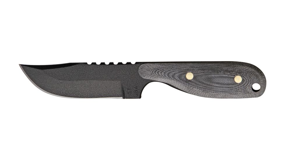 Shadow Tech Talon E Clip Fixed Knife, black powder coated 1095 carbon steel clip blade, Black/gray canvas micarta onlay handle STK020