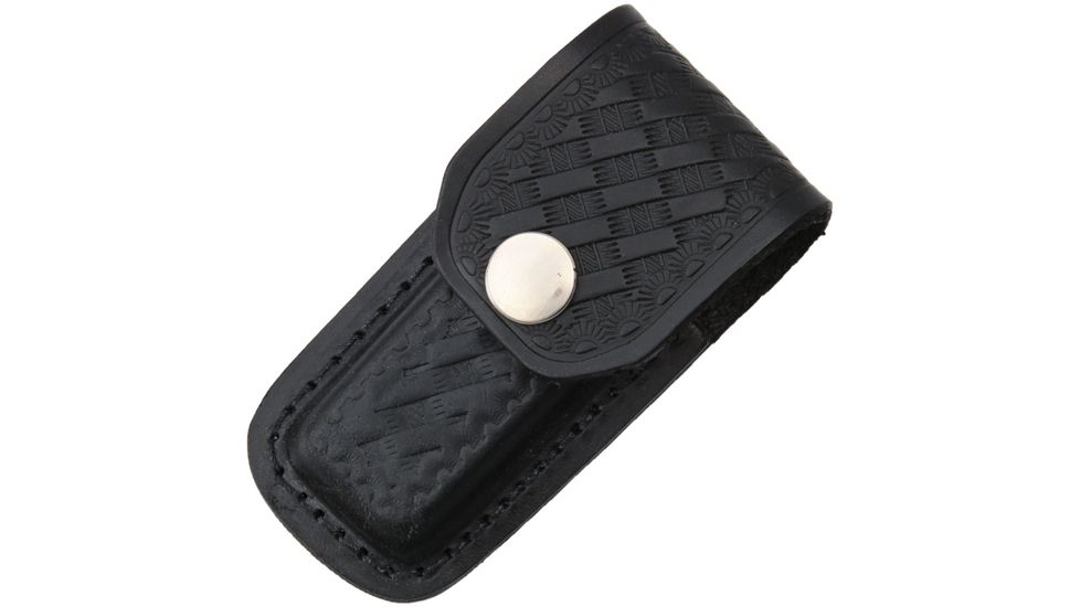 Sheath Folding Knife Sheath, Black leather w/embossed basketweave,3-3.5in closed SH1142