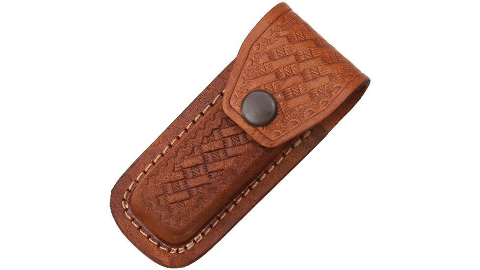 Sheath Folding Knife Sheath, Brown leather w/ embossed basketweave, 3.5-4in closed SH1131