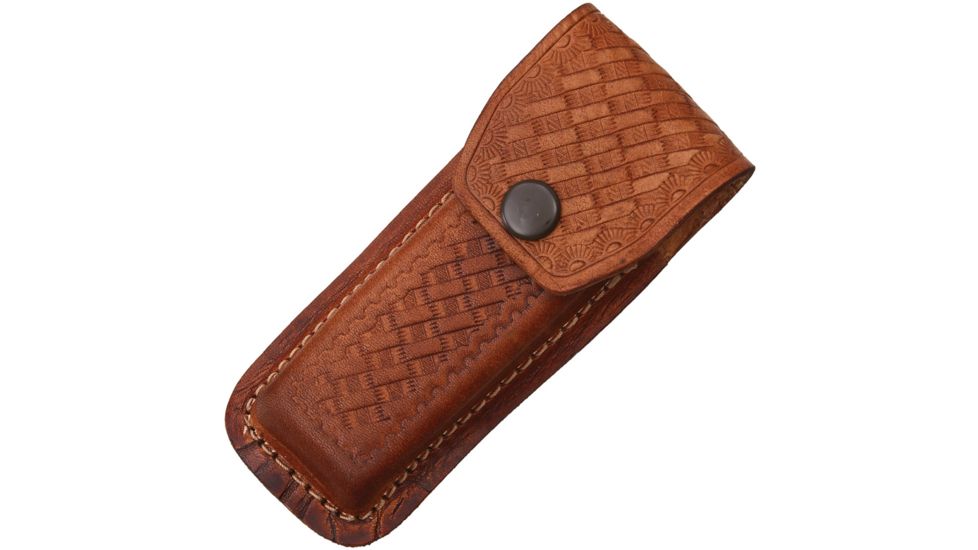 Sheath Folding Knife Sheath, Brown leather w/ embossed basketweave, 4.5-5.25in closed SH1132