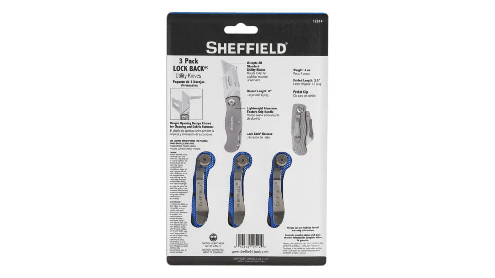 Sheffield Lock Back Utility Knife Three Pack Ultimate, 3.5in, Blue, Black, Red, 12514