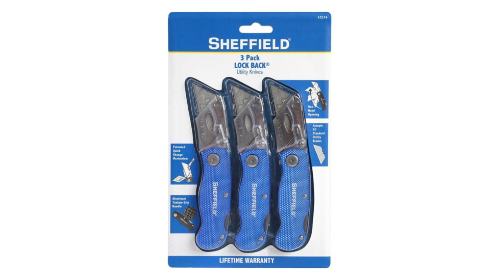 Sheffield Lock Back Utility Knife Three Pack Ultimate, 3.5in, Blue, Black, Red, 12514
