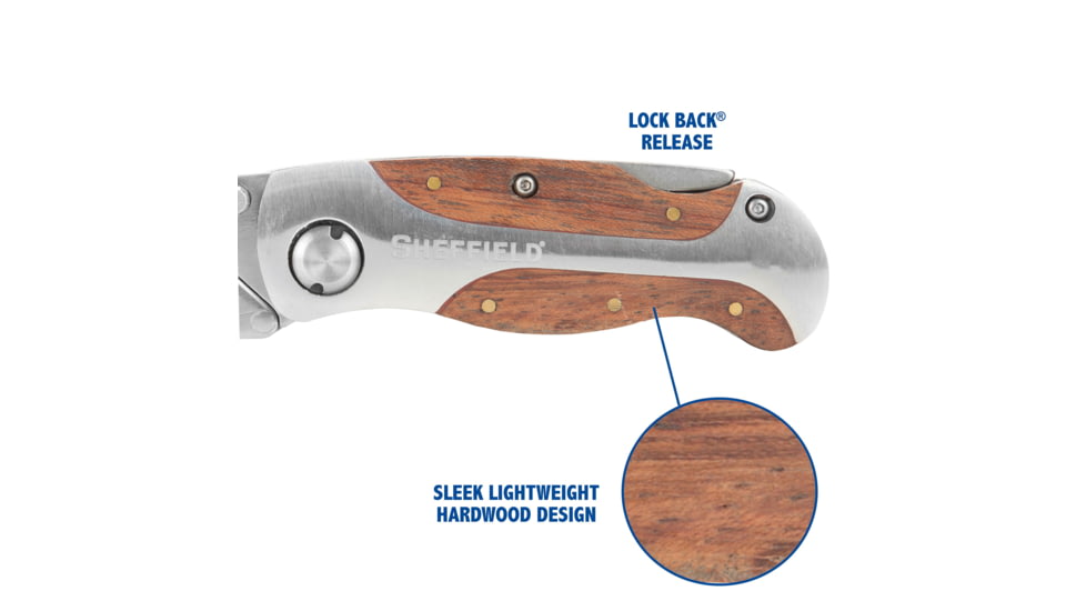 Sheffield Premium Lock Back Utility Folding Knife, 3.5in, Stainless Steel, Wood, 12115