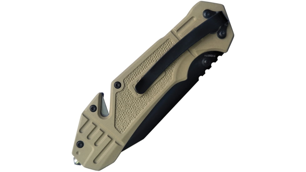 Smith &amp; Wesson M&amp;P Linerlock Assisted Opening Folding Knife, 3.25in Black Partially Serrated SS Tanto Blade, Tan Rubberized Aluminum Handle, 4.63in Closed, Belt/Cord Cutter, Pocket Clip, 1100076