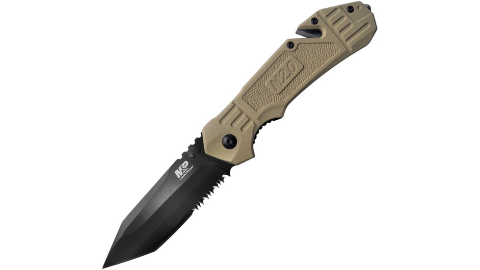 Smith &amp; Wesson M&amp;P Linerlock Assisted Opening Folding Knife, 3.25in Black Partially Serrated SS Tanto Blade, Tan Rubberized Aluminum Handle, 4.63in Closed, Belt/Cord Cutter, Pocket Clip, 1100076