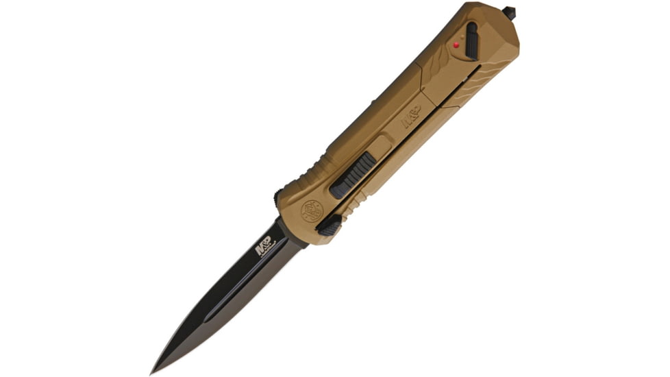 Smith &amp; Wesson Out The Front Assisted Opening Folding Knife, 5.25in Closed, 3.25in, Black Oxide Coated Aus-8 SS, Double Edge Blade, Aluminum, Tan Handle, 1092050