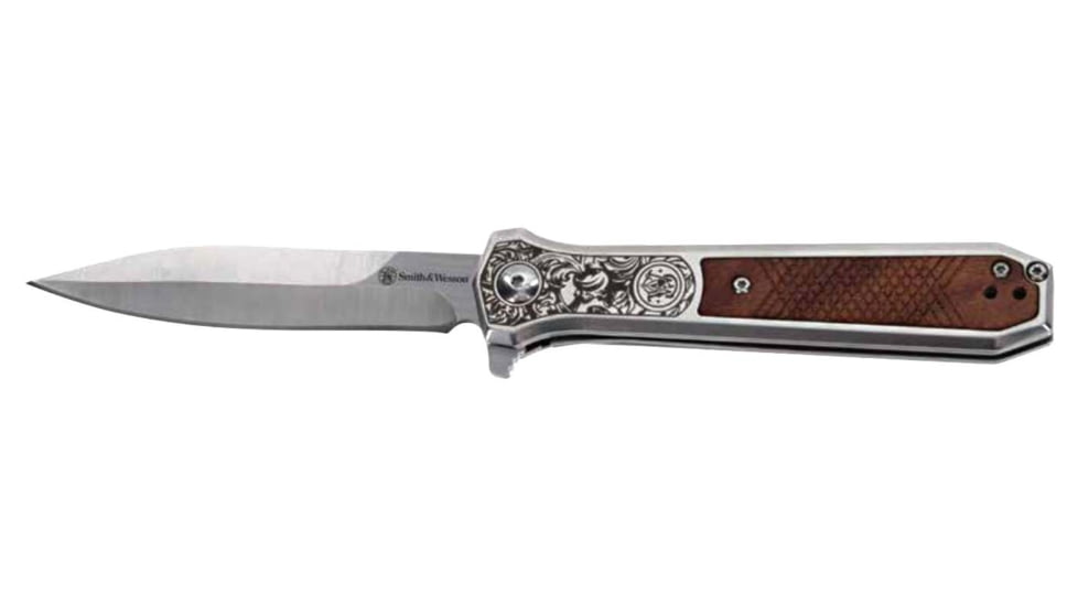 Smith &amp; Wesson Unwavered Spring Assisted Opening Folding Knives, 3.5in, Dagger, Rosewood Handle, 1205011