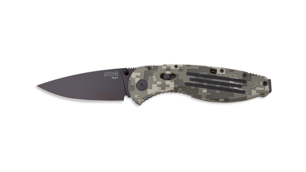 SOG Aegis Knife w/ SE Fold 3.5in. Steel Blade and Digi Camo GRN Handle, BLK TiNi Finish, Black AE06-CP