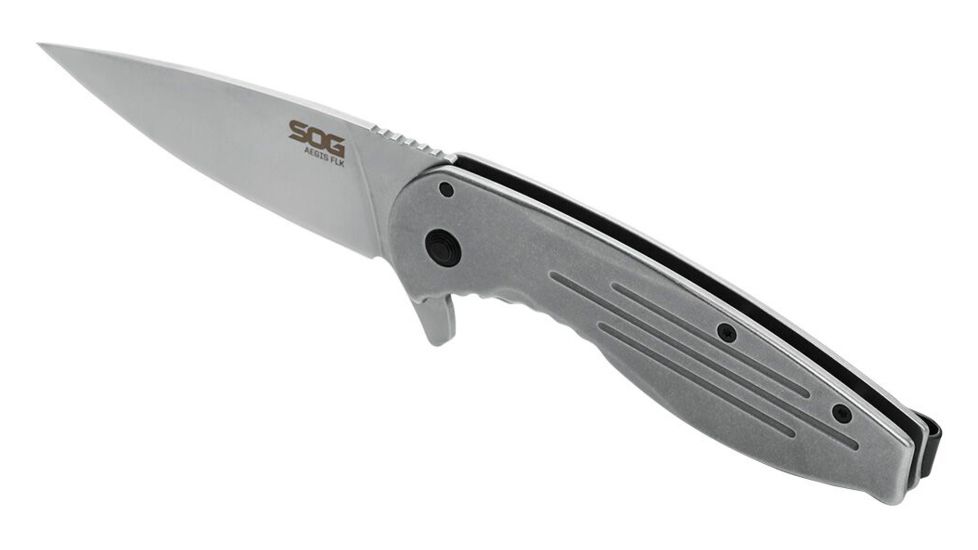 SOG Specialty Knives &amp; Tools Aegis FLK 3.38in Folding Knife, Stonewashed Drop Point Blade, Stainless Steel, 14-41-02-42