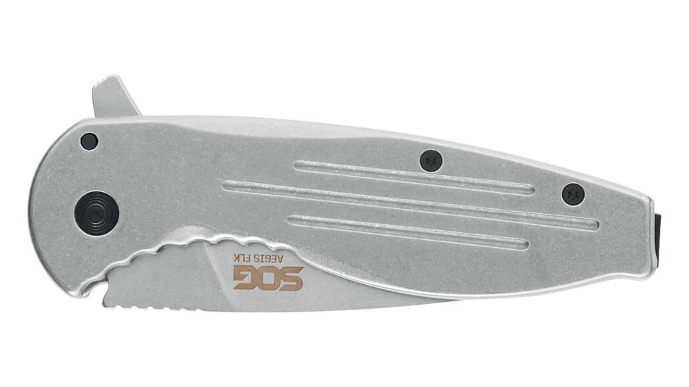 SOG Specialty Knives &amp; Tools Aegis FLK 3.38in Folding Knife, Stonewashed Drop Point Blade, Stainless Steel, 14-41-02-42