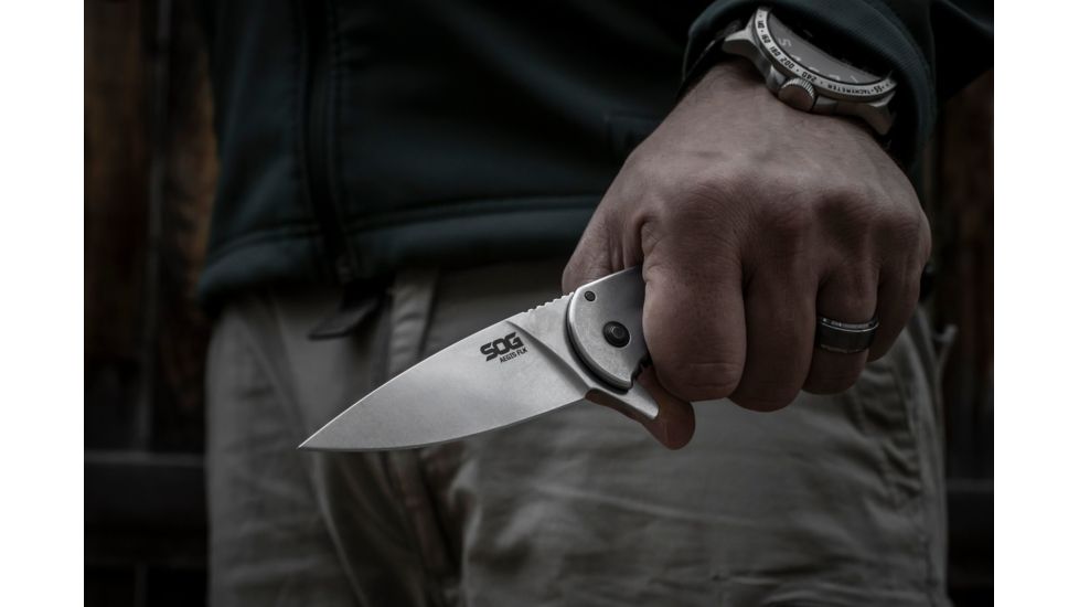 SOG Specialty Knives &amp; Tools Aegis FLK 3.38in Folding Knife, Stonewashed Drop Point Blade, Stainless Steel, 14-41-02-42