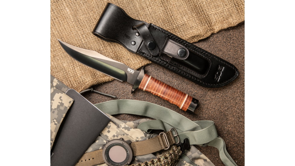 SOG Specialty Knives &amp; Tools Bowie 2.0 Fixed Blade Knife, 6.4in, AUS-8 Blade, Clip Point, Brown, Leather Washers Handle, Black, SOG-S1T-L