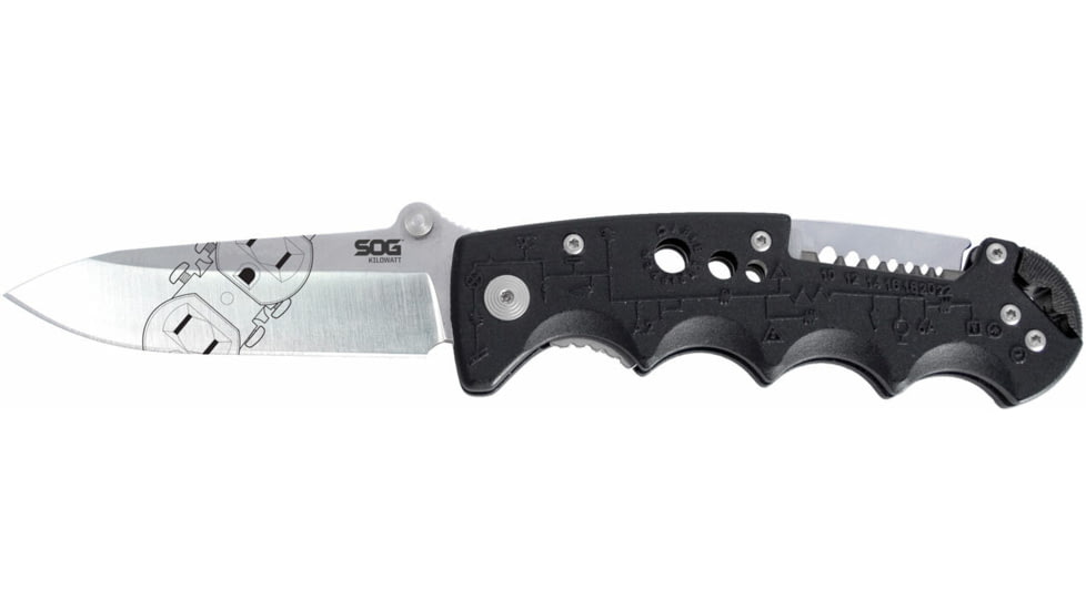 SOG Specialty Knives &amp; Tools Kilowatt Folding Knife, 3.4in, AUS-8 Blade, Clip Point, Black, Glass-Reinforced Nylon Handle, Silver/Black, SOG-EL01-CP