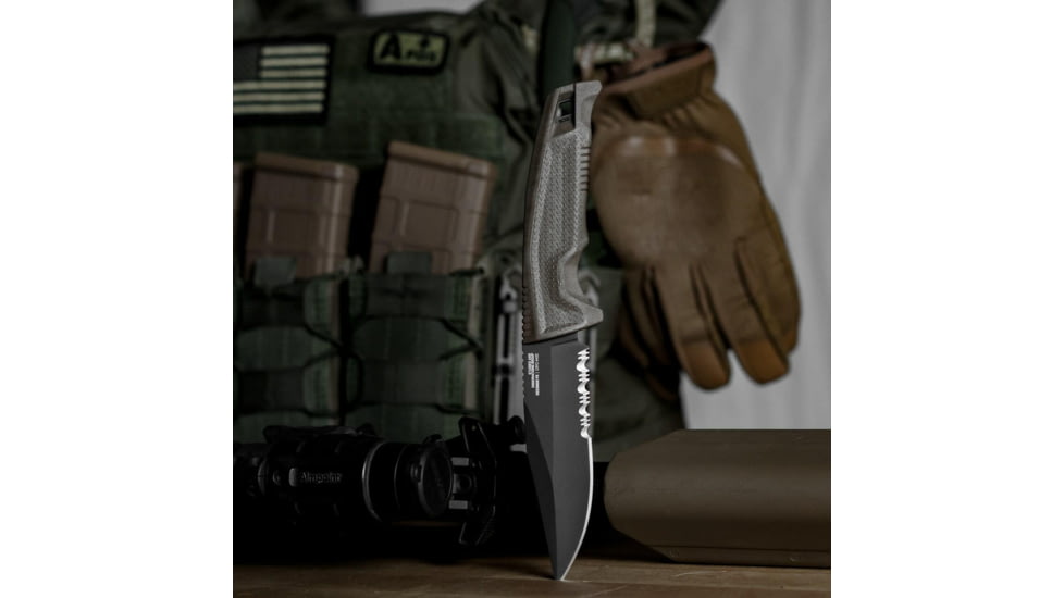 SOG Specialty Knives &amp; Tools Recondo FX Fixed Blade Knives, 4.6in, Partially Serrated Edge, CRYO 440C Steel, Spear Point, FDE, GRN / TPU Handle, Black, SOG-17-22-04-57