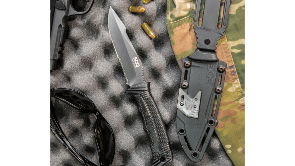 SOG Specialty Knives &amp; Tools SEAL Strike Fixed Blade Knife, 4.9in, AUS-8 Blade, Clip Point, Black, Glass Reinforced Nylon and Stainless Steel Handle, Black, SOG-SS1003-CP