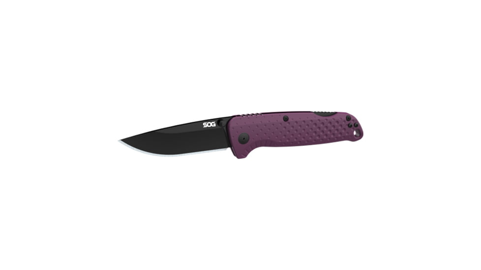SOG Specialty Knives &amp; Tools Adventurer LB Folding Knife, 3.5in, CRYO 5CR15MOV, Drop Point Blade, GRN Dusk Purple/Black Handle, SOG13110457