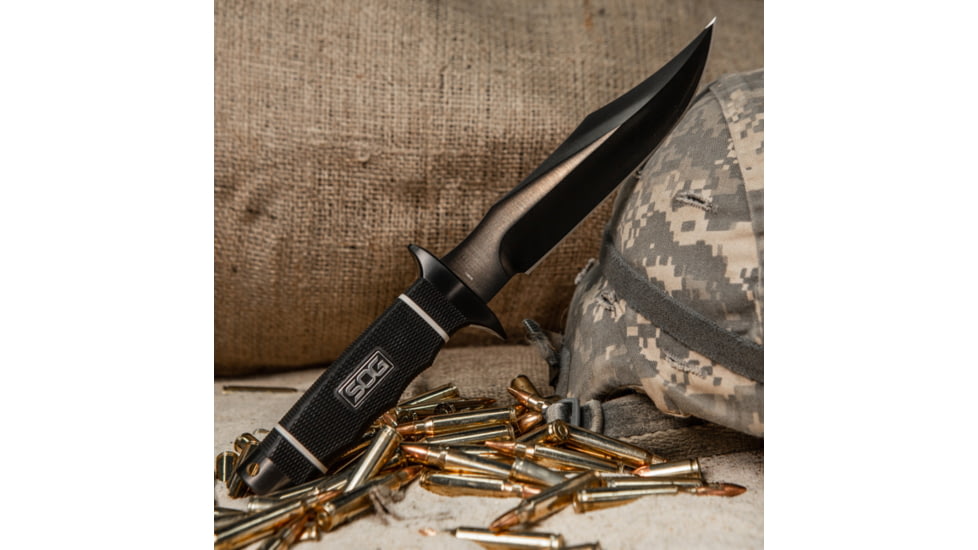 SOG Specialty Knives &amp; Tools Tech Bowie Fixed Blade Knife, 6.4in, AUS-8 Blade, Clip Point, Black, Kraton Handle, Black, SOG-S10B-K