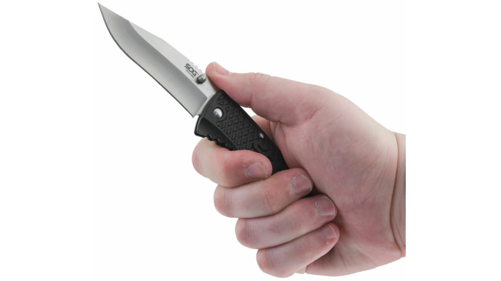 SOG Specialty Knives &amp; Tools Traction Folding Knife, 3.5in, 5Cr13MoV Blade, Clip Point, Black, Glass-Reinforced Nylon Handle, SOG-TD1011-CP