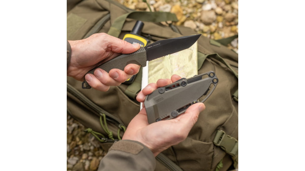 SOG Specialty Knives &amp; Tools Trident FX Fixed Blade Knives, 4.2in, CRYO 4116, Black Partially Serrated Tanto Blade, OD Green GRN Handle, 17-12-04-57