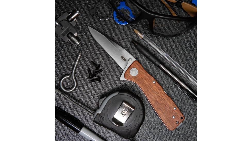 SOG Specialty Knives &amp; Tools Twitch II Folding Knife, 2.65in, AUS-8 Blade, Drop Point, Brown, Rosewood Handle, Silver, SOG-TWI17-CP