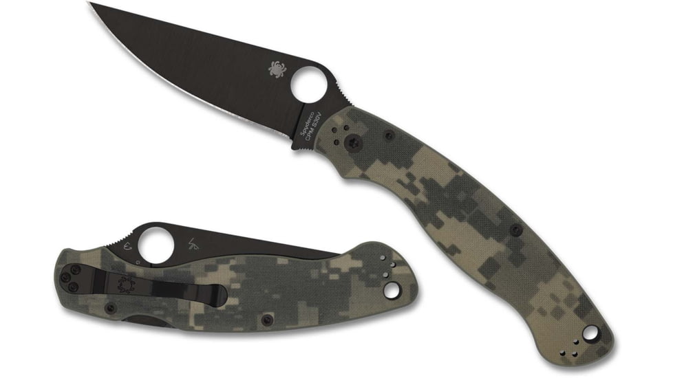 Spyderco Military 2 Folding Knife by Sal Glesser, 4in, Plain Black DLC CPM S30V, Drop Point Blade, Digital Camo G10 Handle Includes Pocket Clip, C36GPCMOBK2