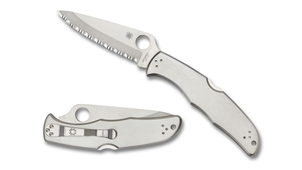 Spyderco Endura 4 Folding Knife, 3.8in, VG-10, Drop Point Serrated Blade, Stainless Steel, Silver Handle, C10S