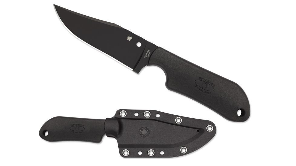 Spyderco Street Beat Lightweight Fixed Blade Knife, 3.5in, VG-10, Drop Point, Plain Edge, Black Blade, FRN Black Handle, FB15PBBK