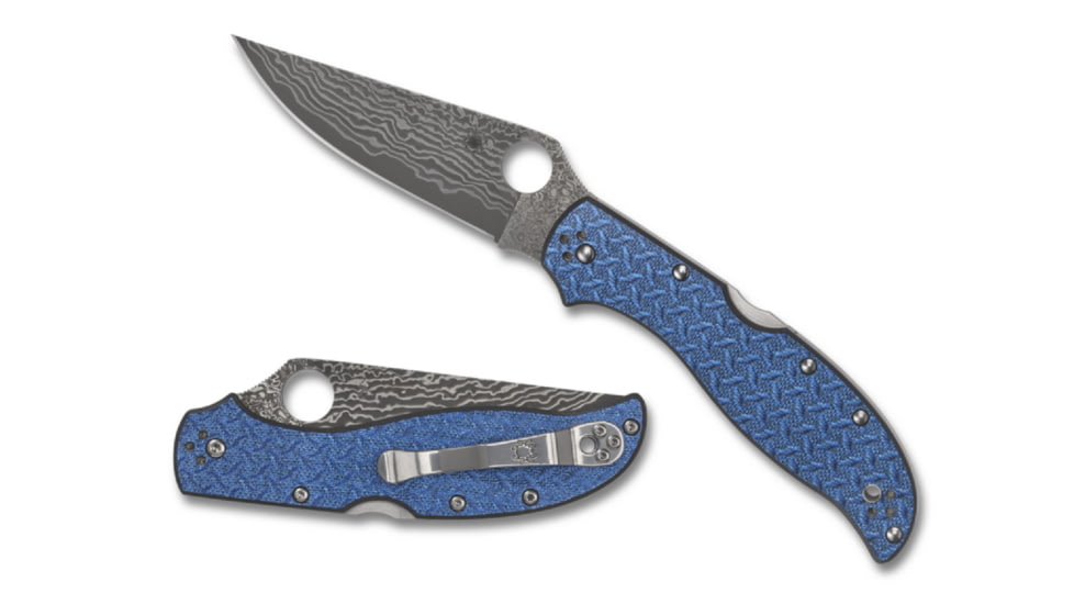 Spyderco Stretch 2 XL Folding Knife, 3.99in, VG-10/Damascus, Drop Point, Nishijin Glass Fiber, Blue Handle, C258GFBLP
