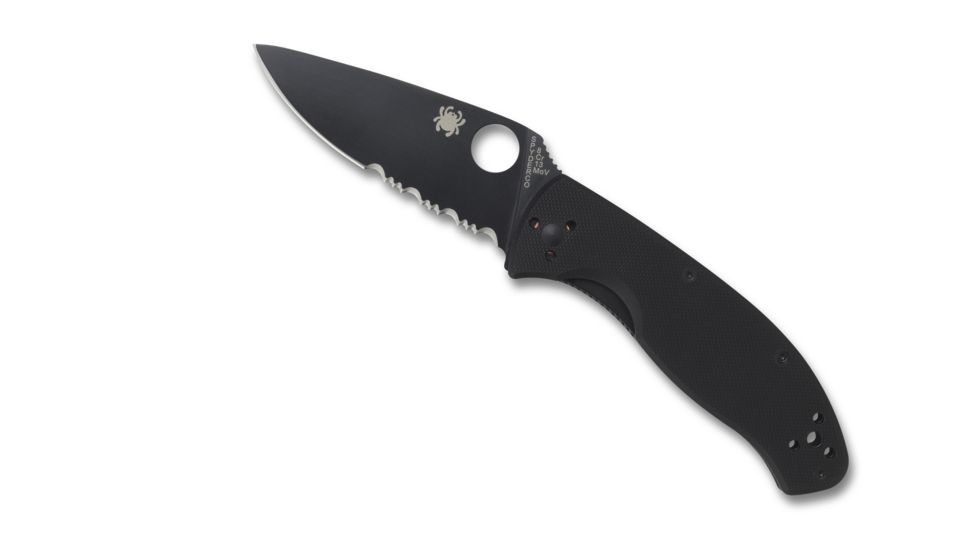Spyderco Tenacious Folding Knife, 3.39 in, 8Cr13MoV, Black Partially Serrated Leaf Blade, G-10, Black Handle, C122GBBKPS