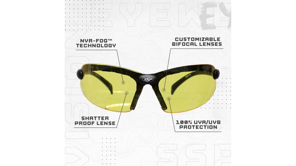 SSP Eyewear Denial Bifocal Shooting Glasses w/ 2.25 Magnification Kit, Black Frame, Amber, Clear And Smoked Lenses, DENIAL 225 KIT