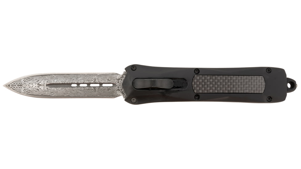 Steel River Knives Spartan OTF Automatic Folding Knife, 3.50, 440C SS, Dagger Plain Damascus Blade, Black w/ Carbon Fiber Inlay Handle, A163BDD