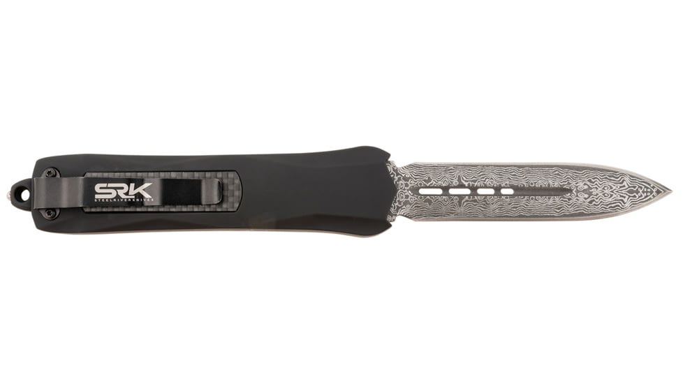 Steel River Knives Spartan OTF Automatic Folding Knife, 3.50, 440C SS, Dagger Plain Damascus Blade, Black w/ Carbon Fiber Inlay Handle, A163BDD