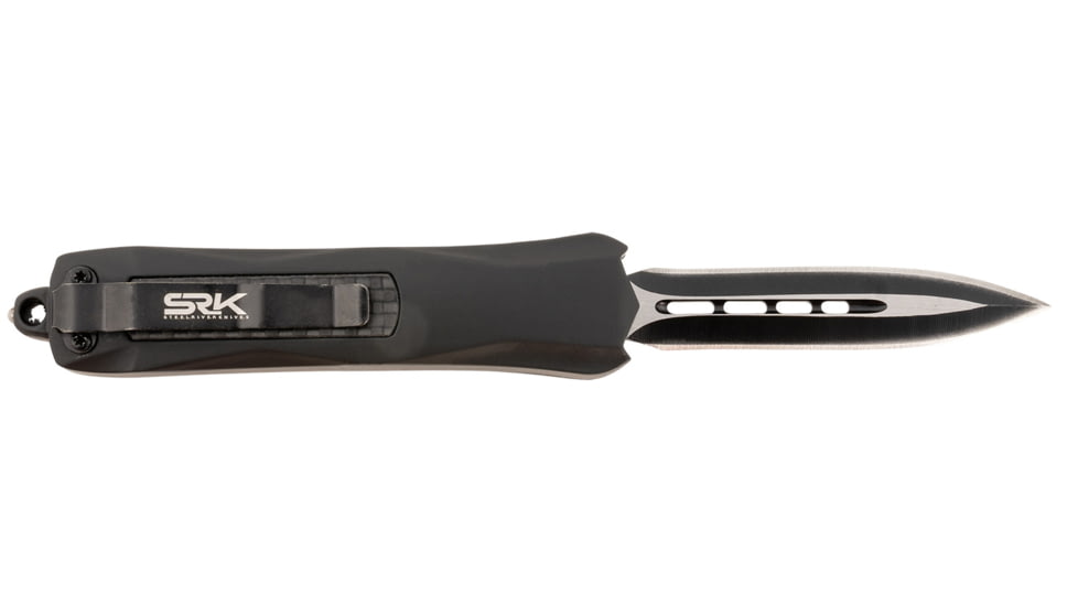 Steel River Knives Spartan Mini OTF Automatic Folding Knife, 2.70in, 440C SS, Dagger Plain Blade, Black/Silver, Black w/ Carbon Fiber Inlay Handle,