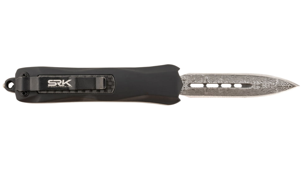 Steel River Knives Spartan Mini OTF Automatic Folding Knife, 2.70in, 440C SS, Dagger Plain Blade, Damascus, Black w/ Carbon Fiber Inlay Handle, MA163BDD