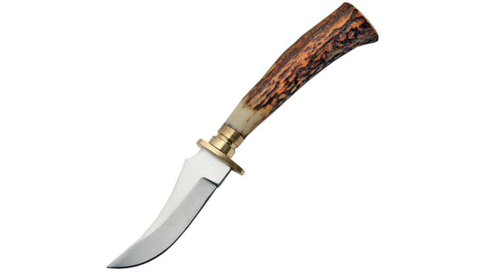 Steel Stag Mini Hunter Stag Knife, 5 1/2in Overall, 2 1/4in SS Skinner Blade, Stag Bone Handles With Brass Guard, Brown Leather Sheath, SS7025