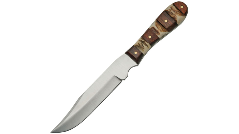Steel Stag Mini Hunter Stag Knife, Mini Hunter, 7.5in Overall, 4.5in Satin SS Clip Point Blade, Bone And Wood Handle, Brown Leather Sheath, SS-7026