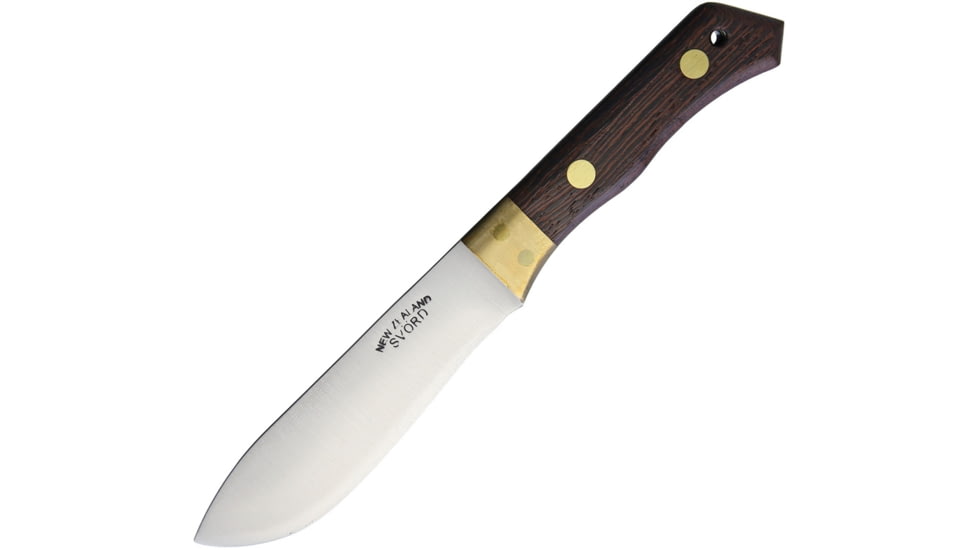 Svord Utility Skinner Knife, 9.25in Overall, 5in Satin 15N20 Steel Blade, Brown Wood Handle, Brass Guard, Black Leather Sheath, US