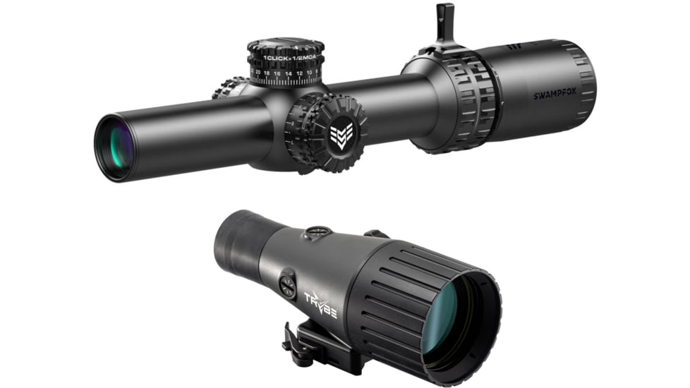 Swampfox Arrowhead LPVO Rifle Scope, 1-10x24mm, 30mm Tube, Second Focal Plane, BDC Reticle and TRYBE Optics Enhancer Rifle Scope Magnification Quadrupler