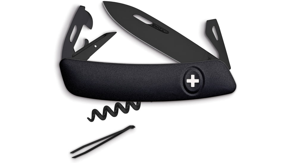 Swiza D03 Swiss Button Lock Folding Knife, 3.75in Closed, 2.75in Black Ptfe Coated 440 SS Blade, Black Rubberized Handle, Thumb Pull, KNI.0033.1010