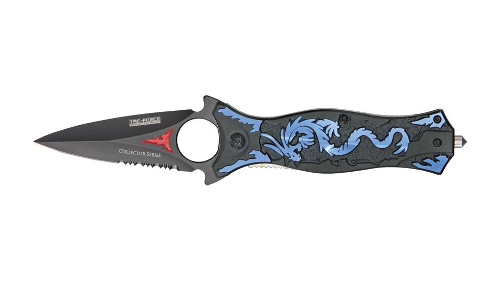 Tac Force Dragon Linerlock Fold Knife, black coated HC SS dagger style blade, Blue dragon cutout TF707BL