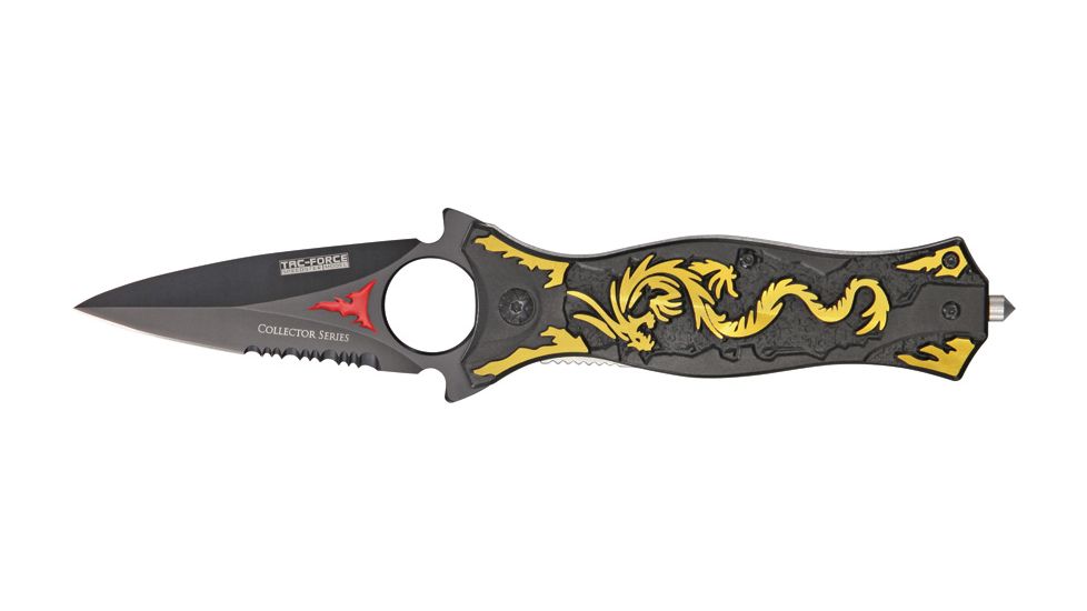 Tac Force Dragon Linerlock Fold Knife, black coated HC SS dagger style blade, Gold dragon cutout TF707GD