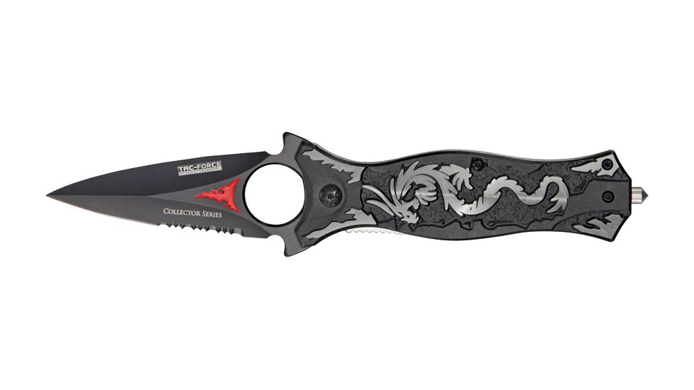 Tac Force Dragon Linerlock Fold Knife, black coated HC SS dagger style blade, Gray dragon cutout TF707GY