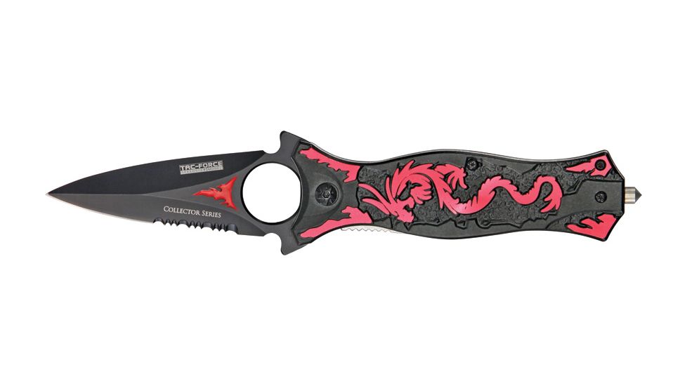 Tac Force Dragon Linerlock Fold Knife, black coated HC SS dagger style blade, Red dragon cutout TF707RD