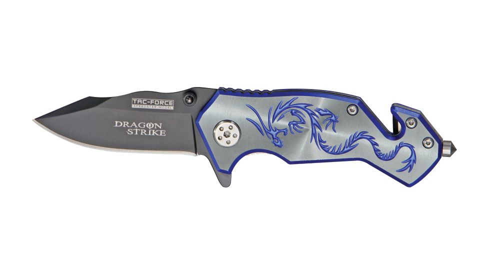 Tac Force Dragon Strike A/O Fold Knife, black coated HC steel blade, Electric blue anodized Alum. handle TF686GY